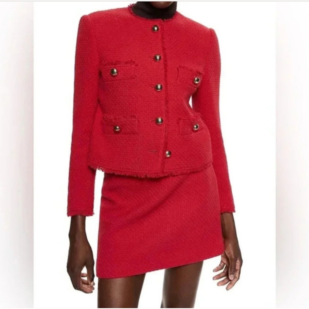Mango Red Tweed Jacket with Metal buttons and flaps size XXS New with tags - Picture 2 of 6